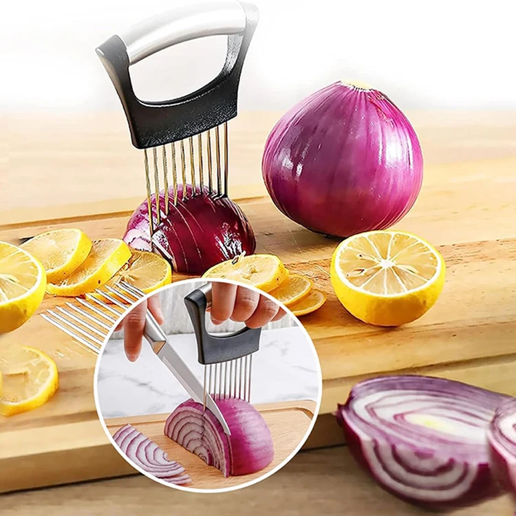 Multifunction Kitchen Gadgets Stainless Steel Onion Holder for Slicing Guide Vegetable Lemon Meat Holder Slicer Tools Cutter