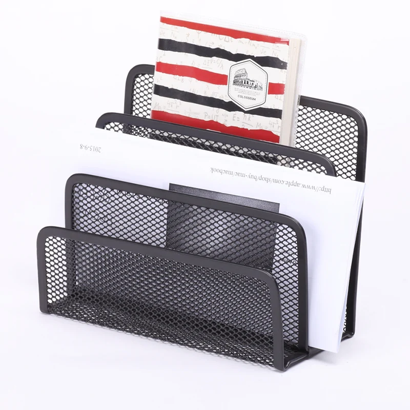 Black Metal Mesh Desktop Document Organizer with 8 Tiers Sections Inclined