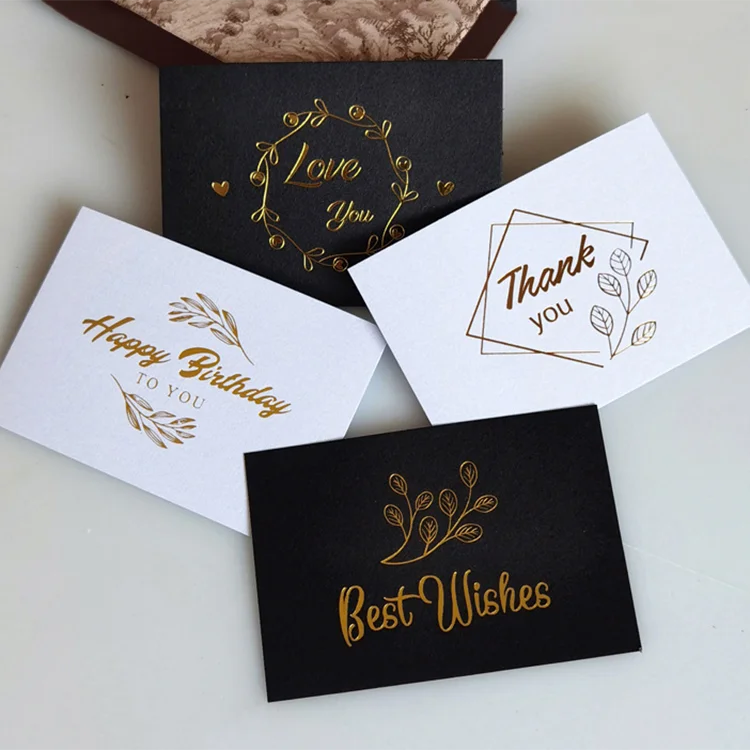 Custom Creative Black Small Business Mini Wedding Thank You Message Gift Box Decoration Hot Gold Flower Greeting Paper Card
