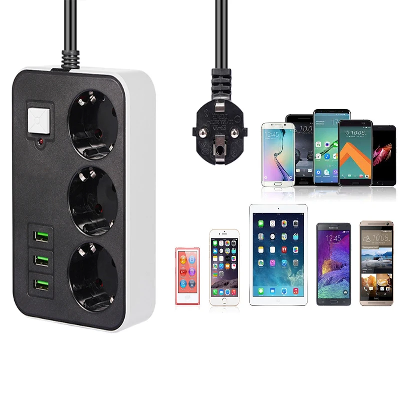2 Round Pin EU RUS Plug Power Strip Switch 1.8 M cable Universal Outlets 3 USB Electrical Extension Cord Socket Network Filter