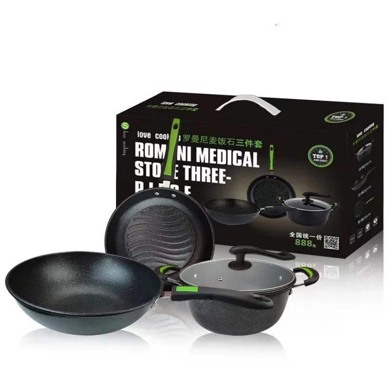 Hot selling three piece set of wheat rice stones non stick flat bottomed frying pan fried egg and meat boiling soup cookware set