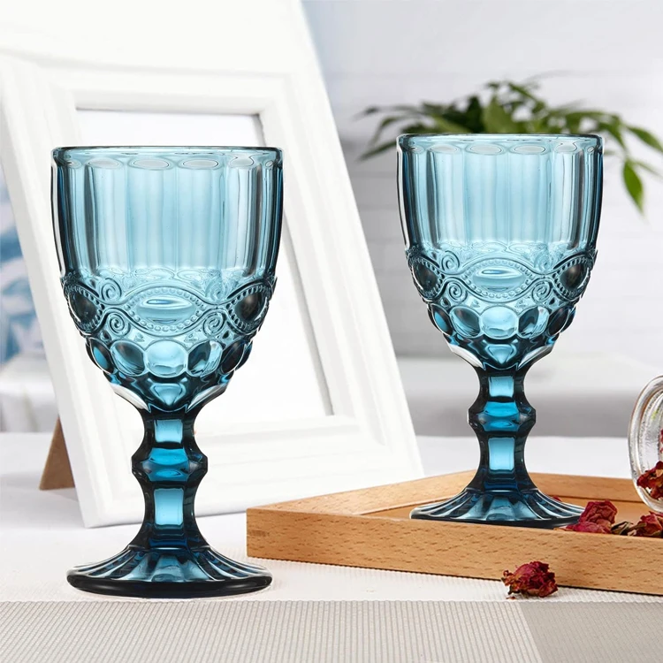Wholesale Reusable 2023 New Gifts Party Wedding Vintage Embossed Design Wine Glasses Blue Colored Goblet Glass