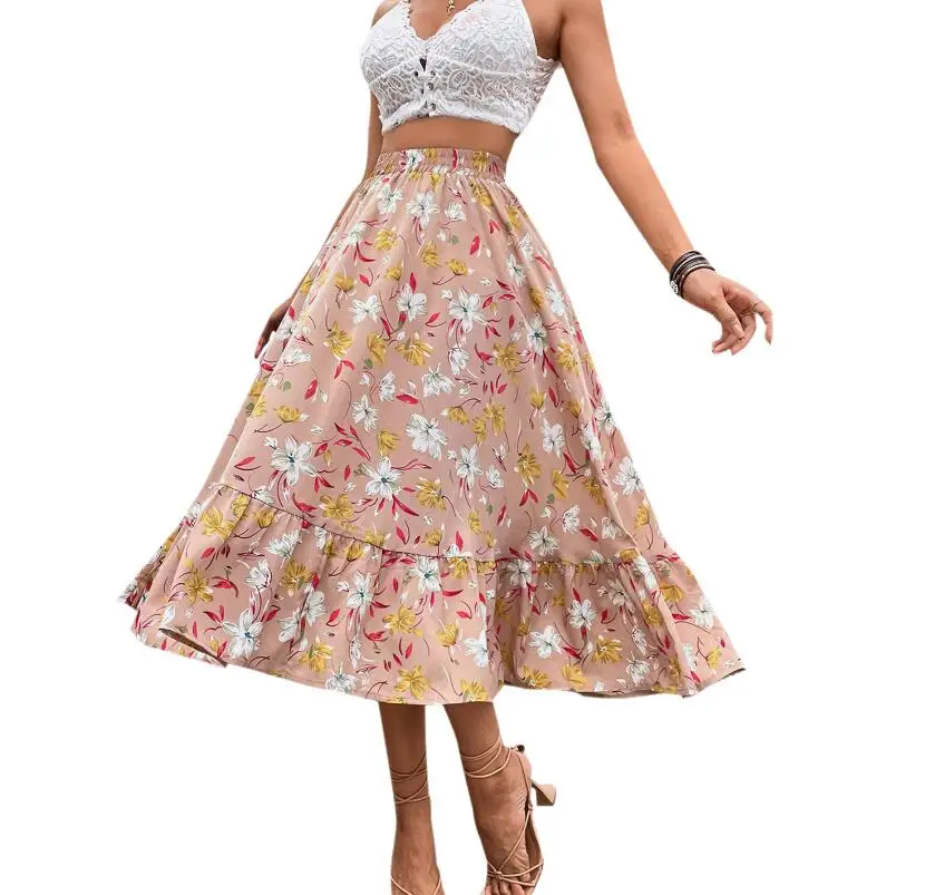 Wholesale leisure vacation style slimming floral print large size skirt for women and girls