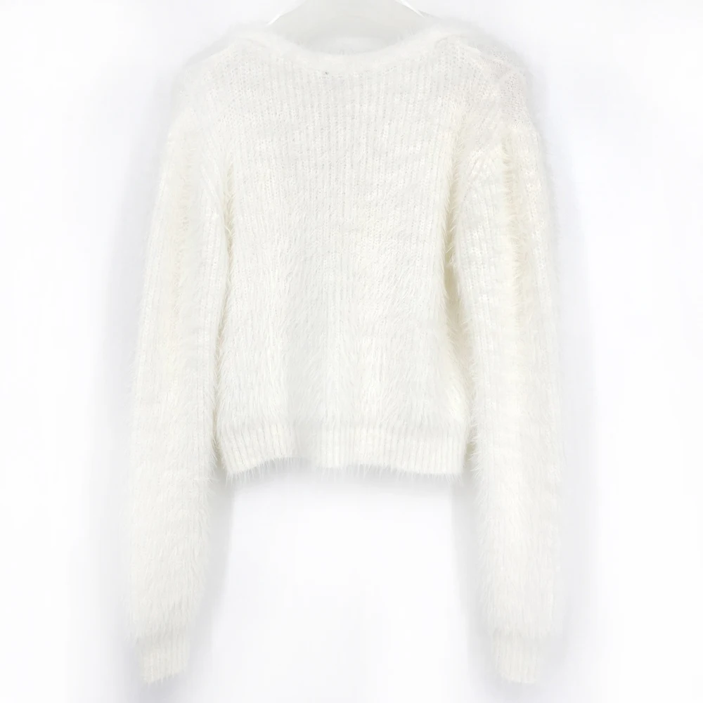 Custom Oem Fall Autumn High Quality White Warm Mohair Wool V Neck Cardigan Sweater With Buttons For Women