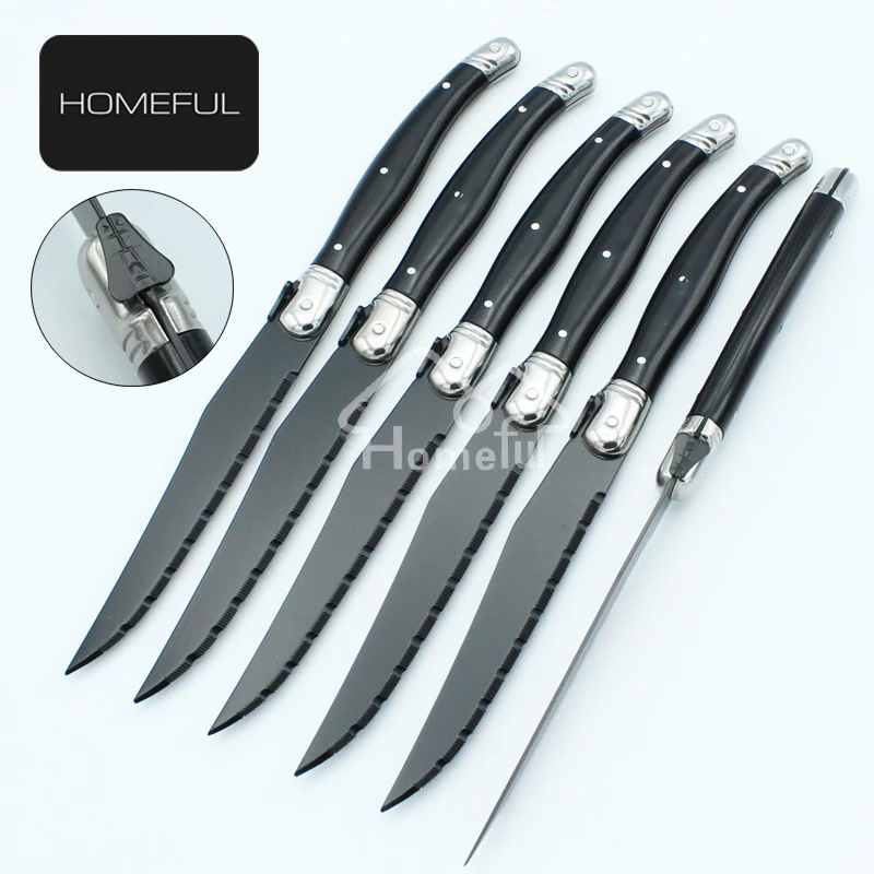 New collection laguiole steak knife set with black coating serrated blade and ABS handle