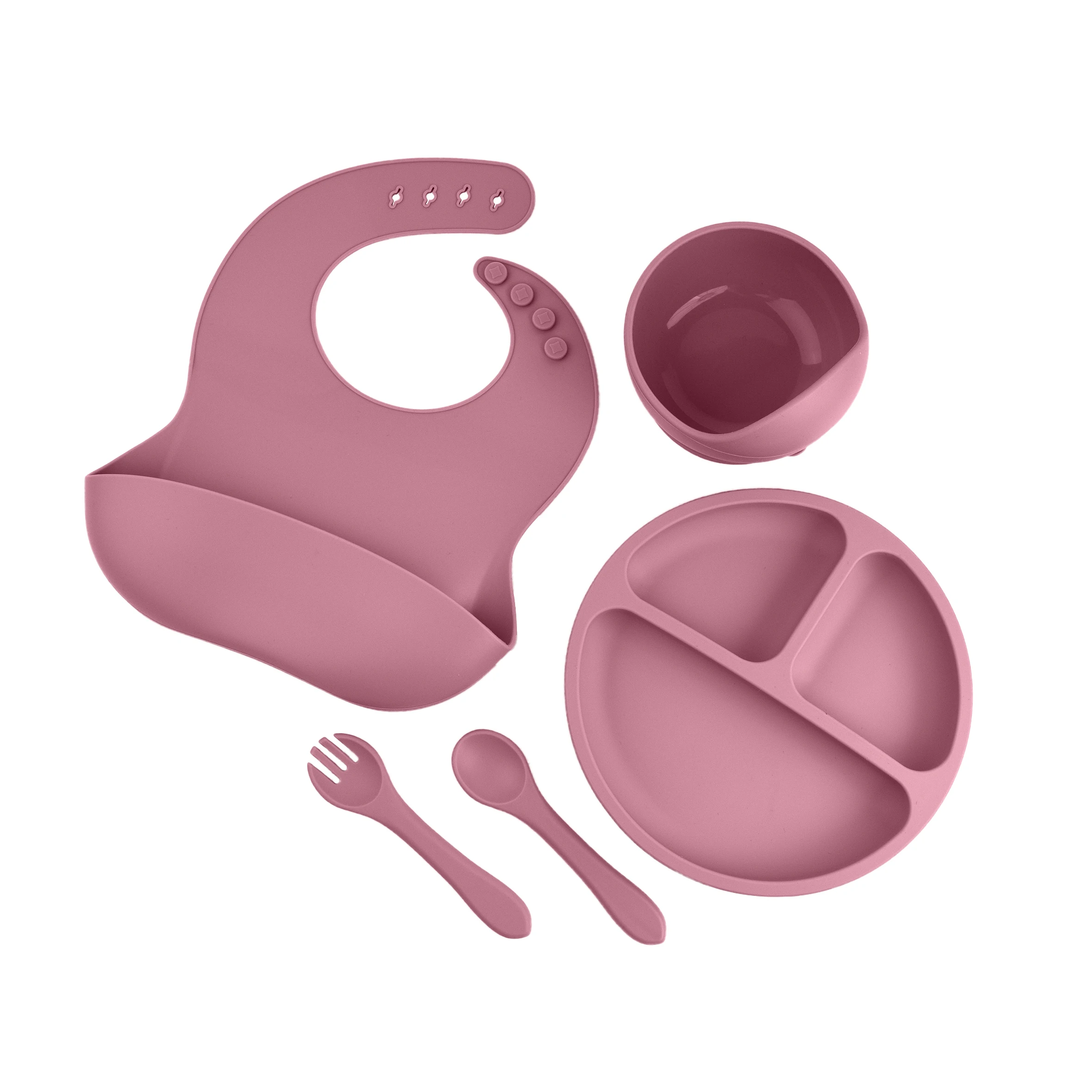 Silicone Baby Feeding Set BPA Free Baby Bib 3 Divided Suction Plate Bowl Utensils Silicon Baby Feeding Set