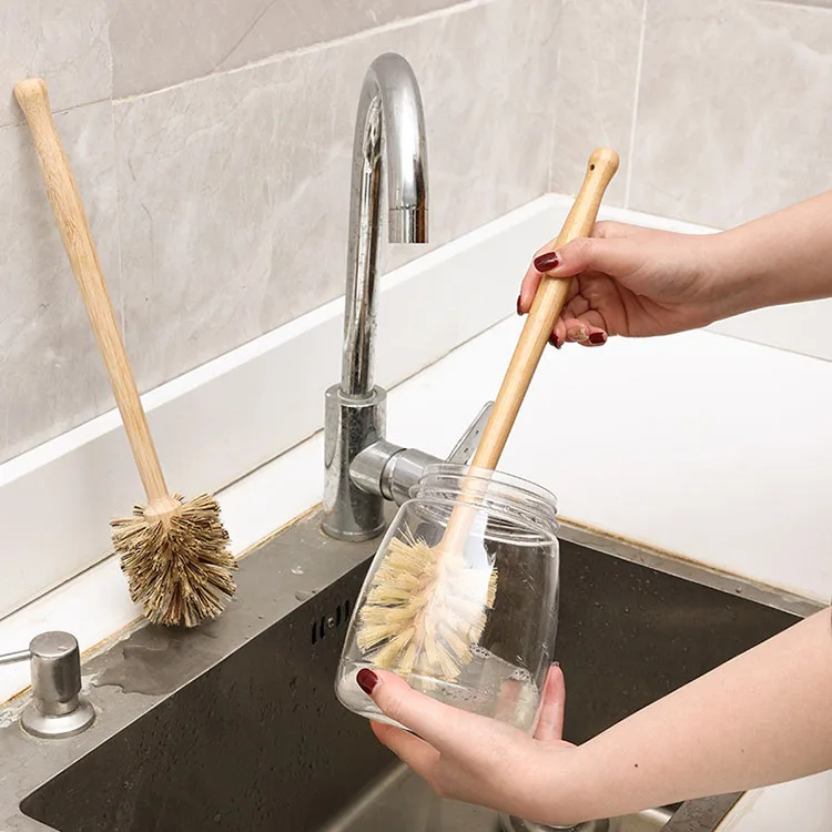 Nature Sisal Bristle Bamboo Bottle Brush Long Handle Hanging Design Cleaning Brush for Glass Water Bottles Baby Bottles