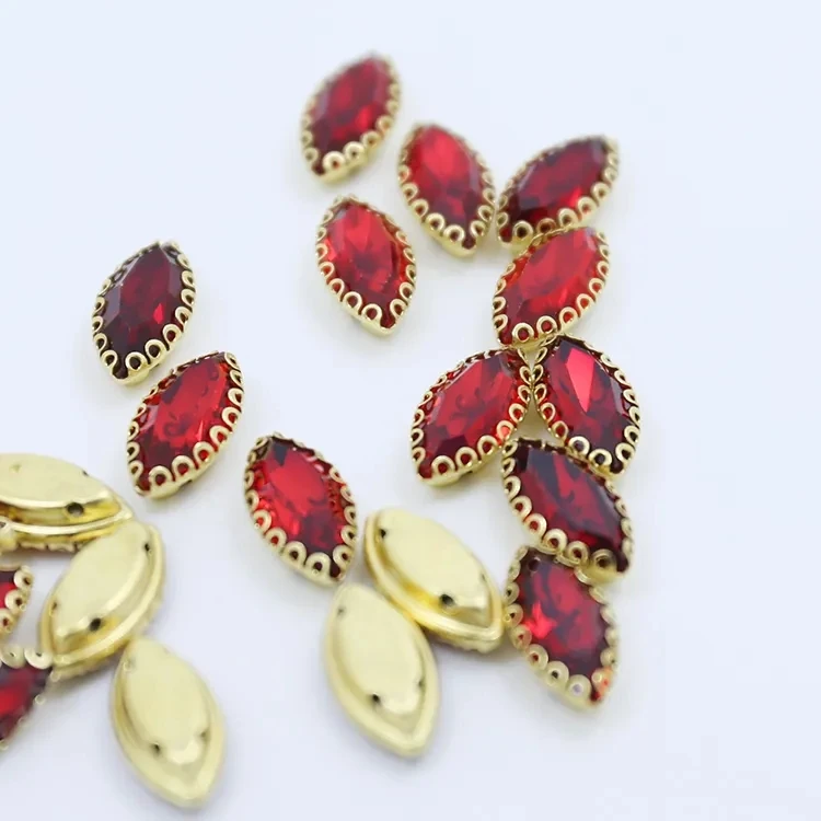 Hot Sale Popular Marquise Rhinestone with Golden Lace Claw Sew On Glass Gem Stone for Jewelry Making Garment
