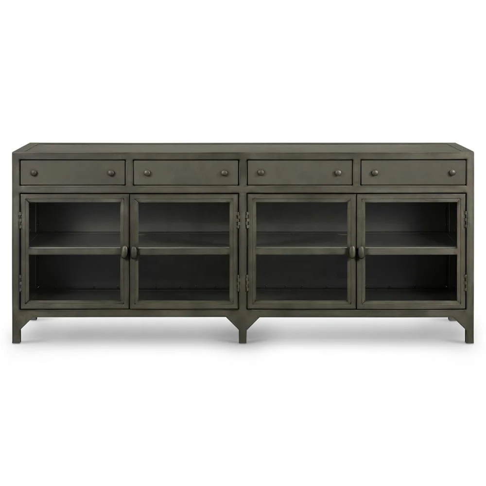 
Vintage Iron TV Unit Industrial Loft Glass Door Iron Metal TV Media Cabinet Low Board Entertainment Media Storage Cabinet 