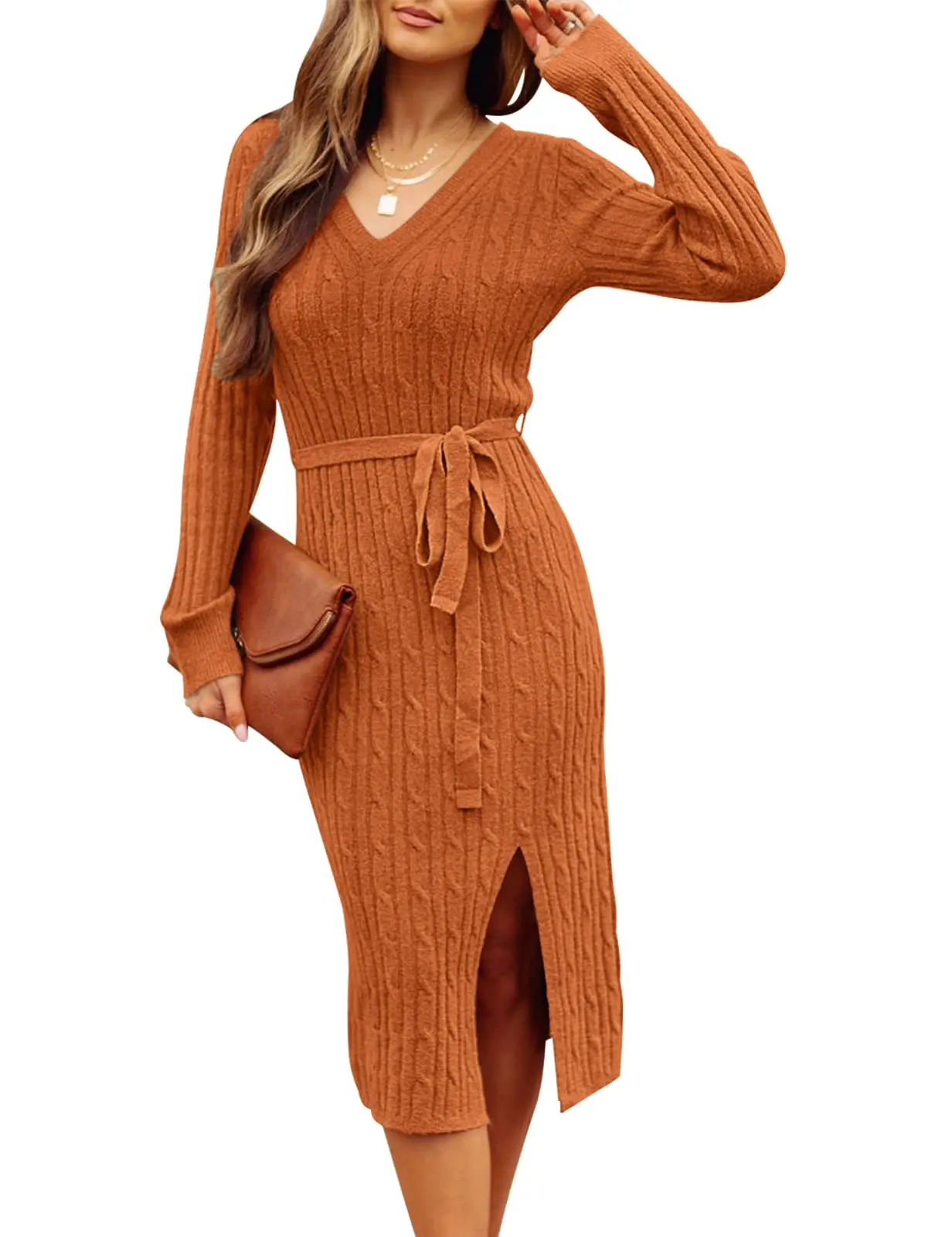 Long Sleeve V Neck Surplice Neck Twist Solid Midi Dresses Women Cable Knit