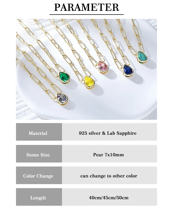 7*10mm pear shape gemstone solitaire paper clip sterling silver fashion jewelry pendent necklaces