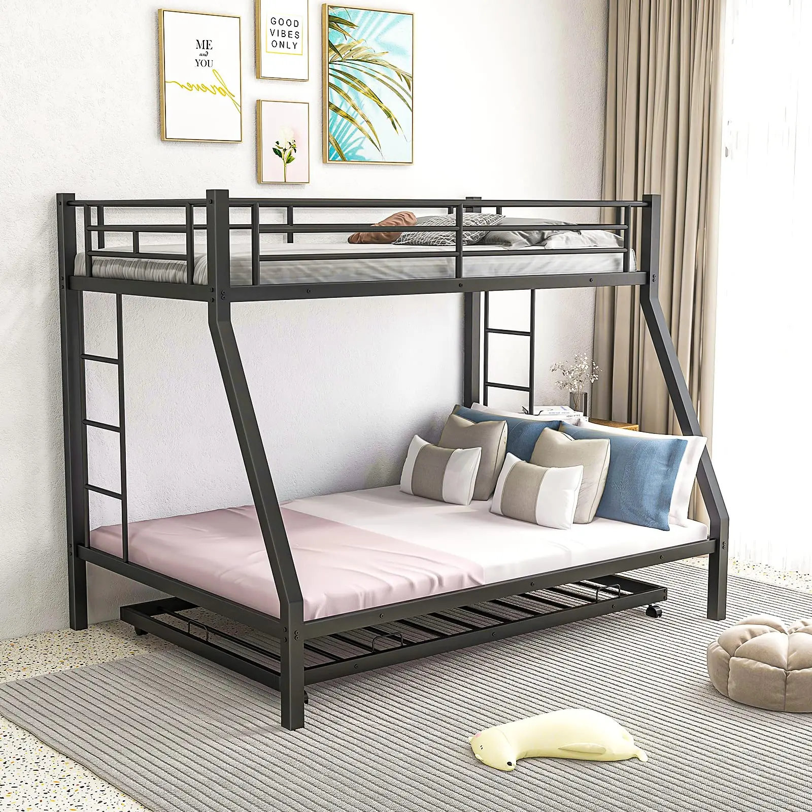 Bunk Bed with Trundle Heavy-Duty Metal Triple Bunk Beds w/Two Side Ladders & Safety Guard Rail