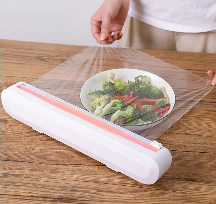 Plastic Food Wrap Dispenser with Slide Cutter Wall Mounted Tin Foil Cutter Kitchen Table Top Refillable Cling Film Dispenser Box