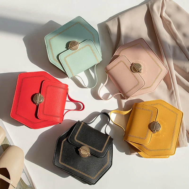 2021 New small PU leather hexagon shoulder crossbody bag with lock for women girls