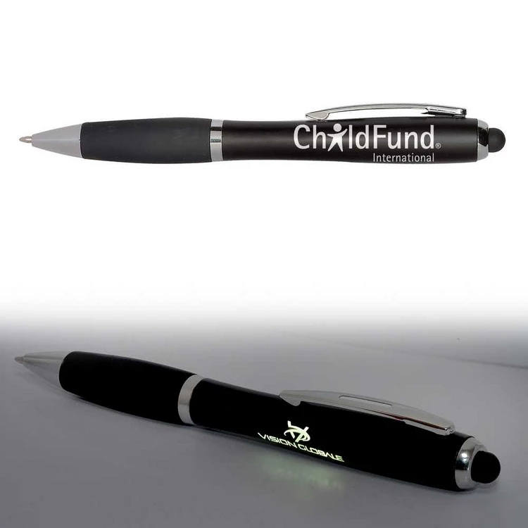cheap custom plastic screen stylus light ballpoint ball pen with led laser logo printing