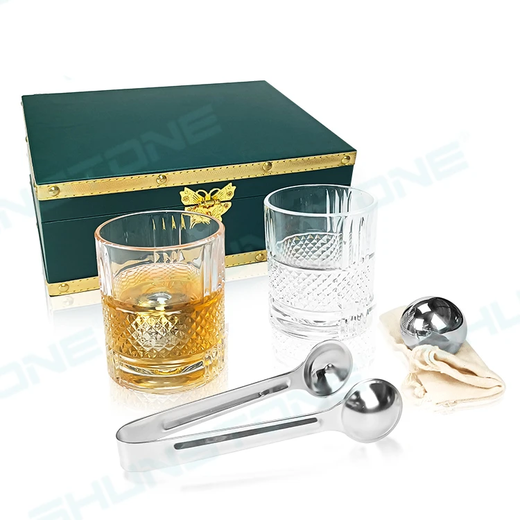 SHUNSTONE Stainless Steel Whiskey Chilling Stones Ball Rotating Whiskey Glasses Set Premium Green Leather Gift Box