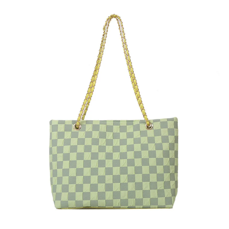 Wholesale Cheap Large Capacity Plaid Checkered Tote Shoulder Bag With Chain Strap For Girls Ladies Office Bag
