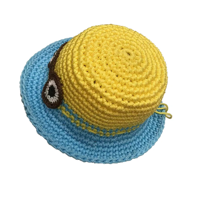 Luxury Summer Beach Crochet Knit Yellow And Blue Contrasting Colors Kids Bucket Hats Unisex Handmade Sun Bucket Hat