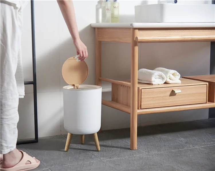 
 Hot Sale New Design Japanese Home office high feet white press trash can with wood cover bin  