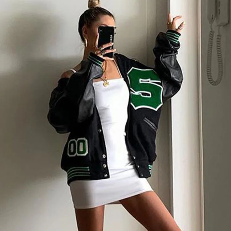 2021 Fall Women Casual Sporty Cotton Stylish Letter Embroidery Black Patchwork Long Sleeve Jackets Baseball Coat Leather Coats