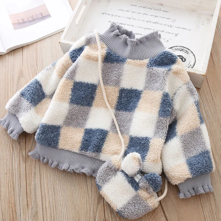 
 Зимняя плотная детская одежда KBE94002, флисовый пуловер с рукавами «летучая мышь», клетчатая детская одежда, свитшот для девочек с сумкой   (1600146206915)