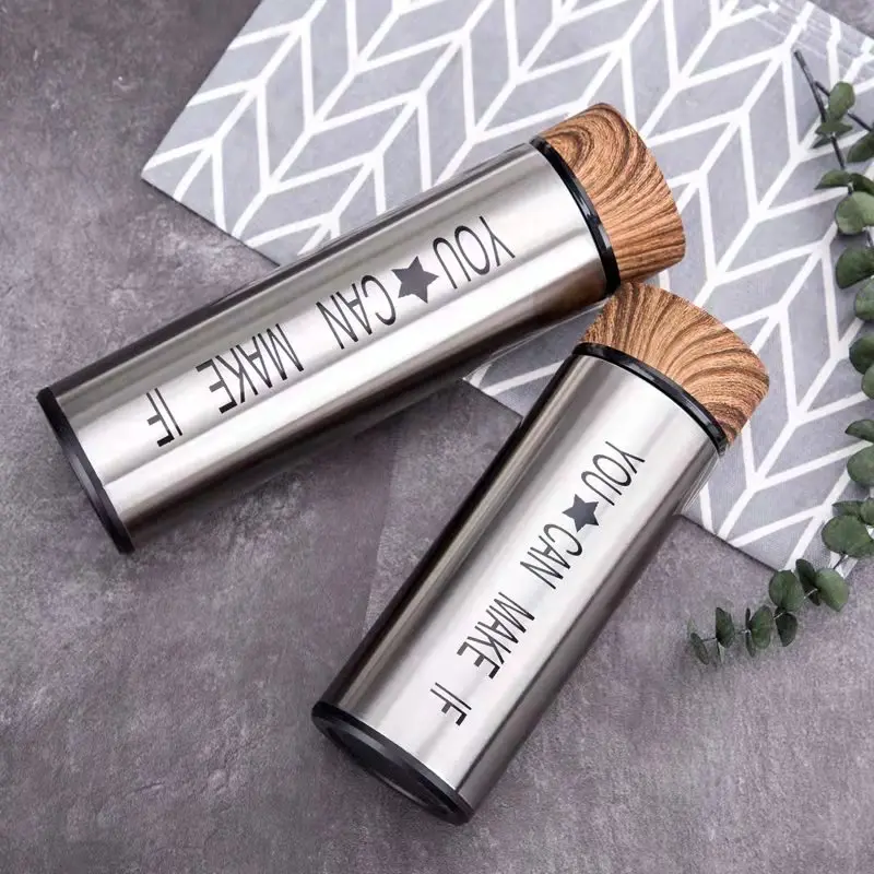 Double stainless steel insulated water bottles wood grain lid 12oz16oz available can be customized LOGO BPA Free Hot Water