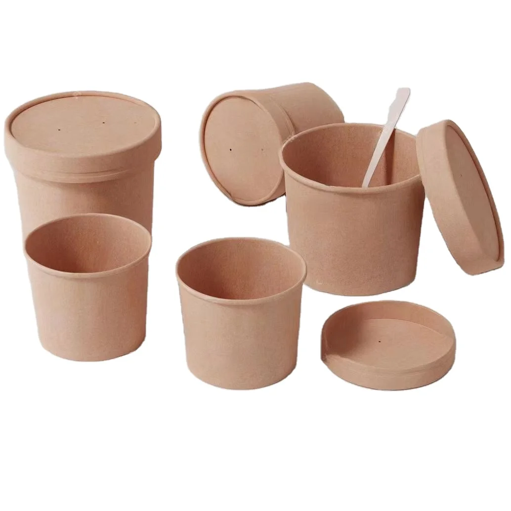 Disposable soup to go container kraft paper packing Customized takeaway package soup cup with lid