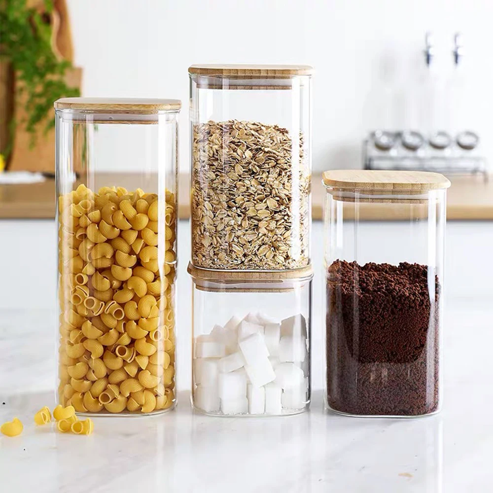 High Borosilicate Square Glass Spice Jar Bamboo Lid Kitchen Glass Container Spaghetti Beans Nuts Storage Food Use Custom Logo