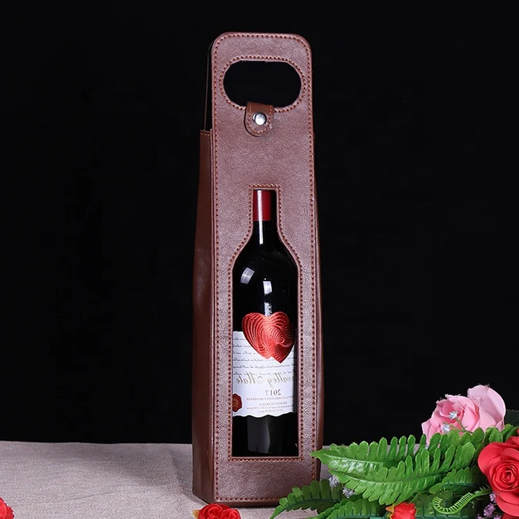 factory wholesale custom high quality PU leather wine bottle bag Hot sale single bottle pack leather wine bag with window