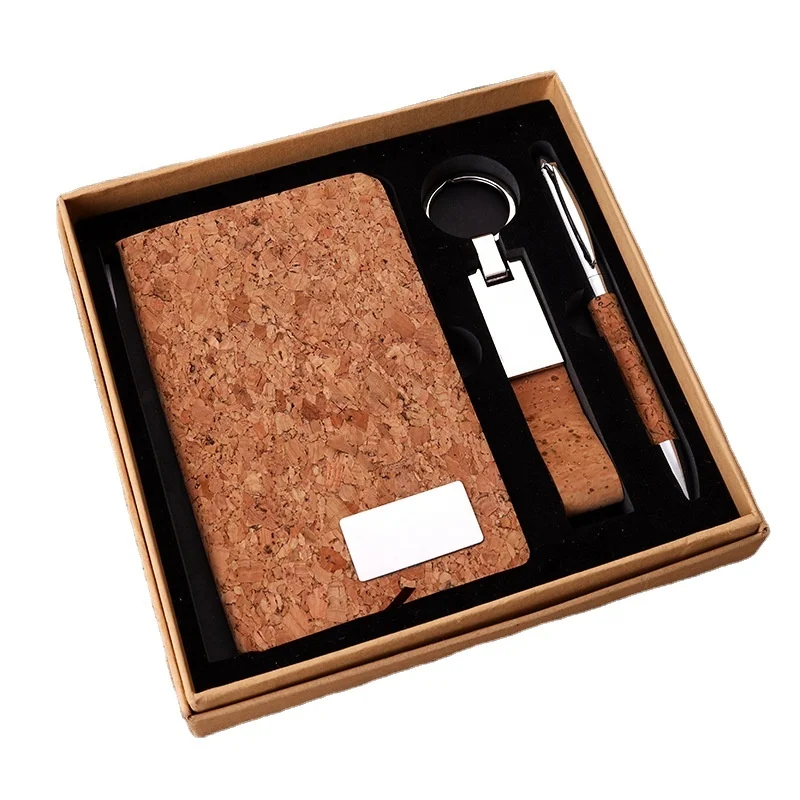 3 pcs in 1 Corporate Business Gifts Sets A7 Notebook Pen Keychain Custom Logo Promotional Items Cork Eco Friendly Products 2024