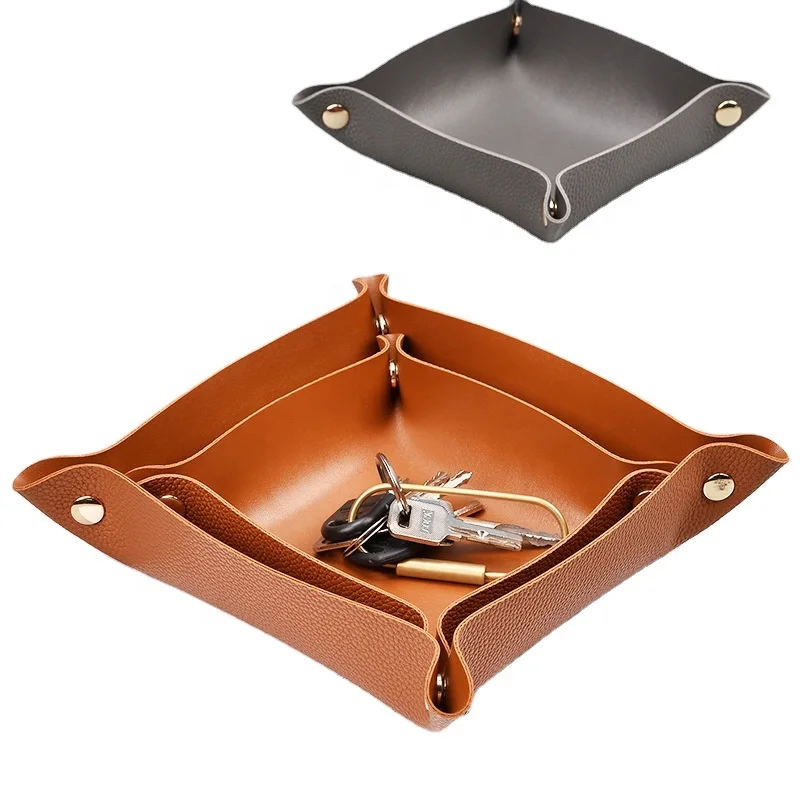 Double side jewelry pu leather storage tray mini serving tray for key coin dice wallet foldable home desk storage organizer