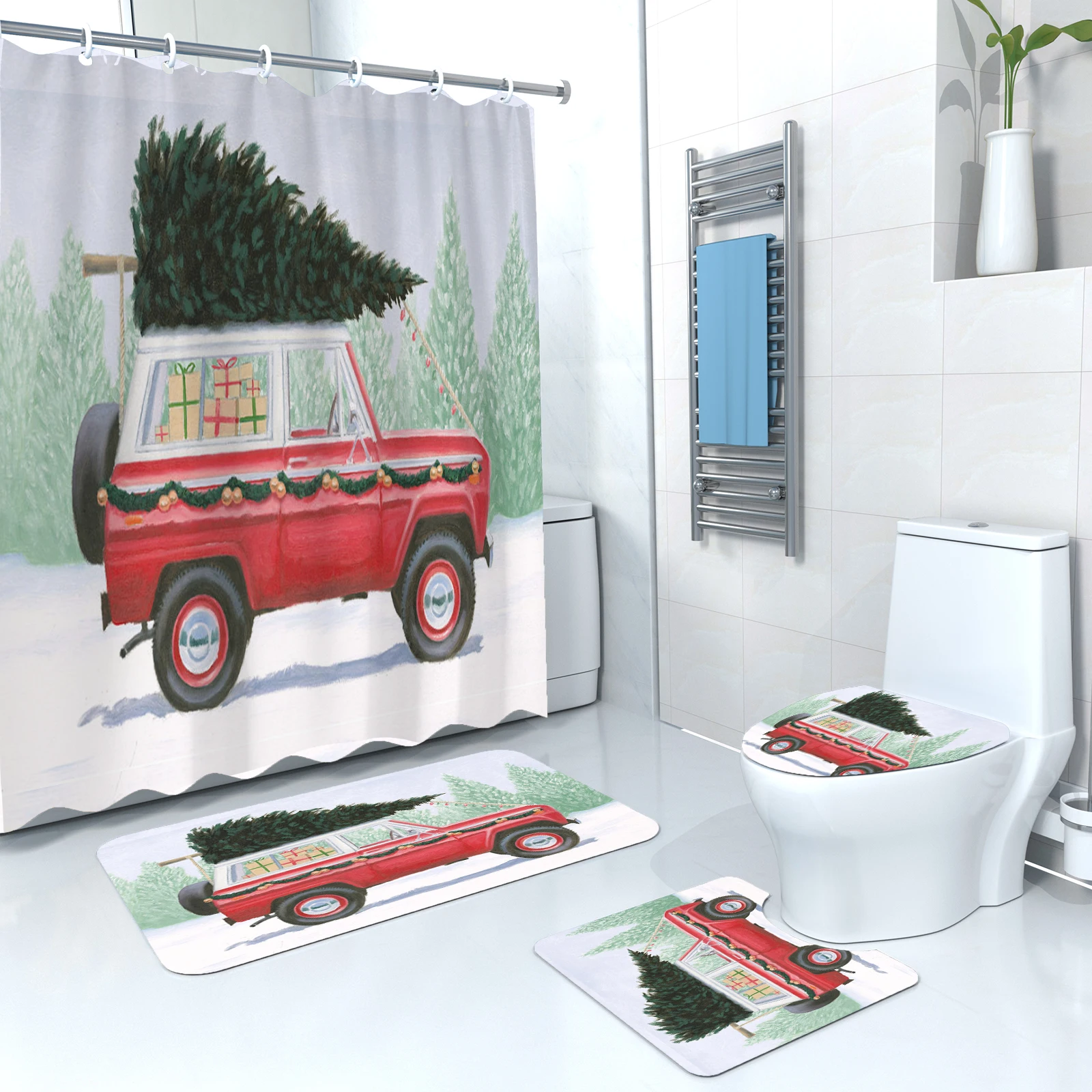 Customized Christmas Bathroom Sets 4-PC Christmas Shower Curtain Shower Bath Mat Set