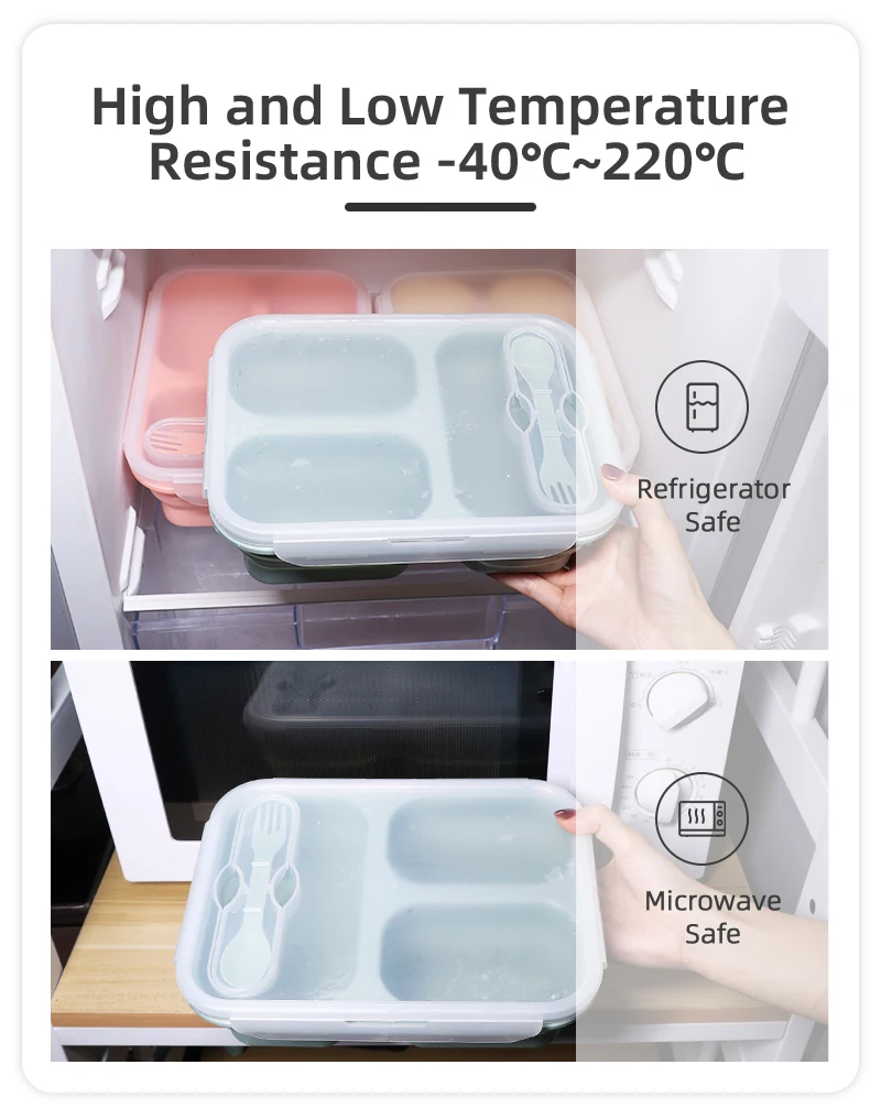 Custom Children Dinnerware Collapsible Lunch Box Silicone 3 Compartments Foldable Bento Box With Fork Spoon For Workers And Kids