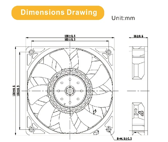 YDD1225B12F 5300RPM high volume high speed dc axial air cooling fan 120x120x25
