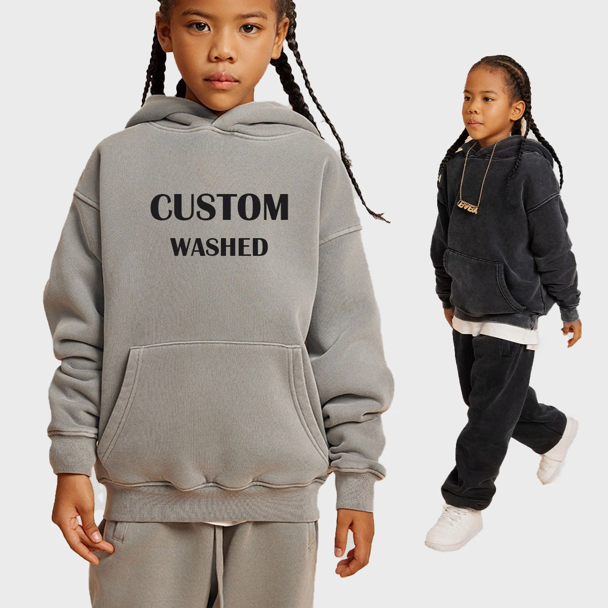 OEM heavy weight 355gsm 42%cotton 58%polyester custom logo printed children clothes blank high quality acid wash boys hoodies