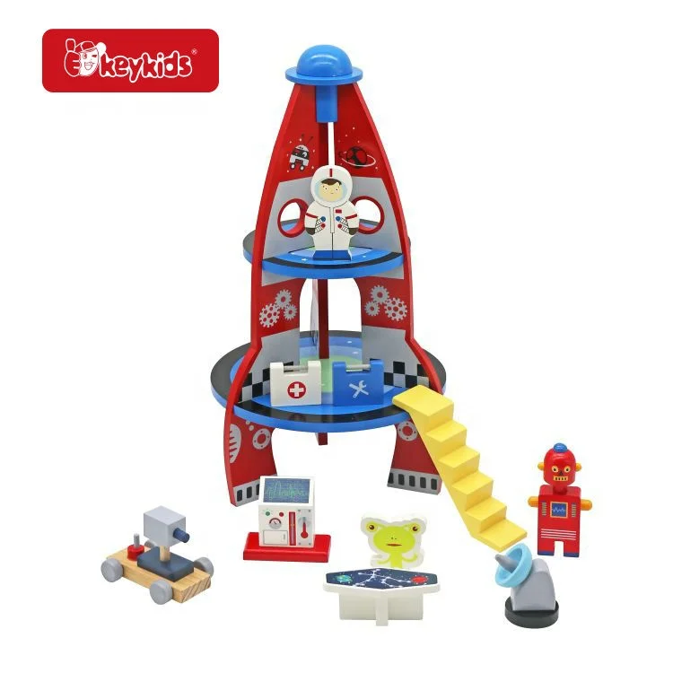 Kids Educational Pretend Play Wooden Rocket Station Toy With Accessories W04F048