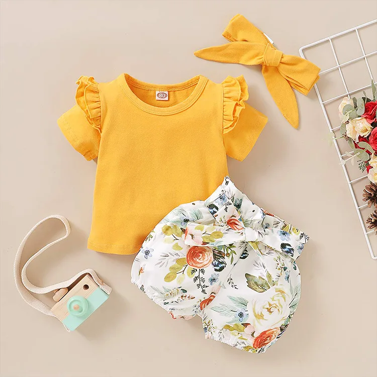 
Toddler Baby Kids Girl Summer Sleeveless yellow Flying sleeve T-Shirt Top shorts clothes set 