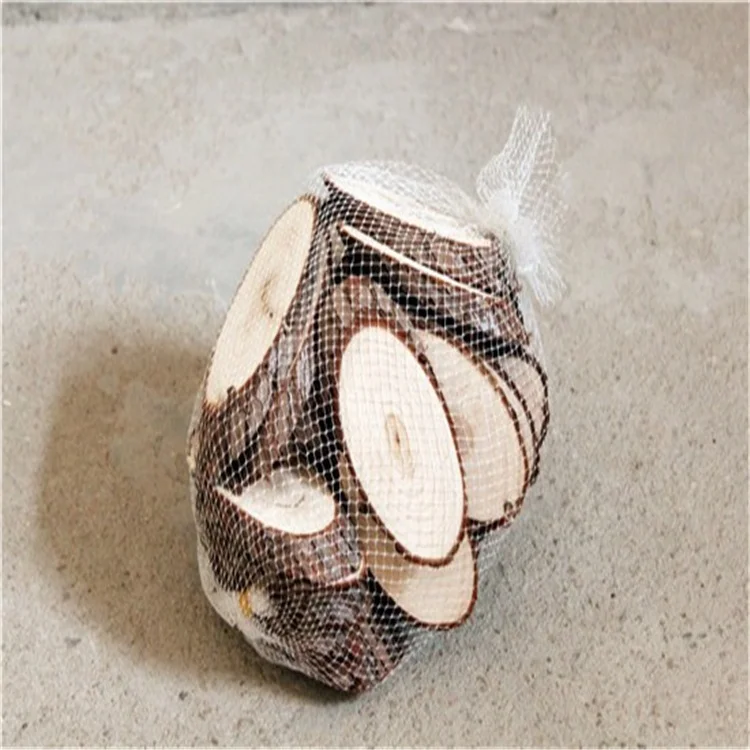 Slices Circles With Tree Bark Rustic Wood Chopping Board Wooden Round Slice In Net Bag