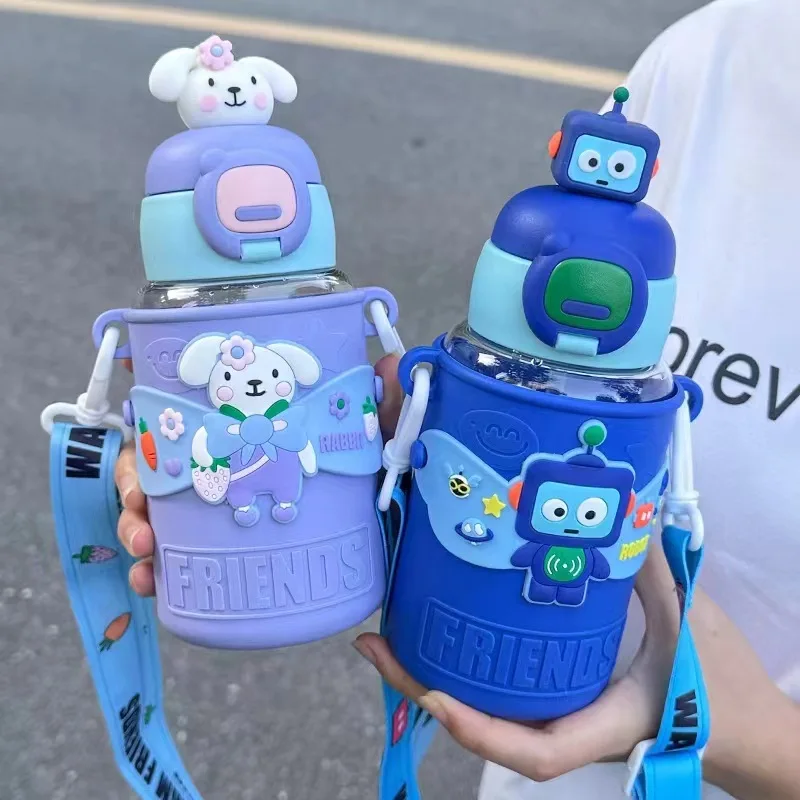 Seaygift  students school kids cute cartoon doll rabbit robot frog baby plastic drink cups portable strap children water bottle