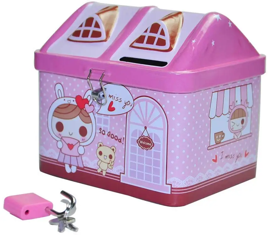 Promotional gift tin house shape money saving tin box with lock cartoon tin piggy bank