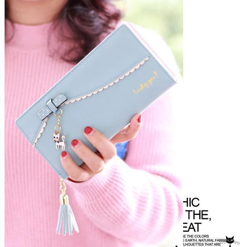 Elegant Women Wallets with Zipper Pink Phone Pocket Purse Card Holder Patchwork Women Long Wallet Lady Tassel Short Coin Purse