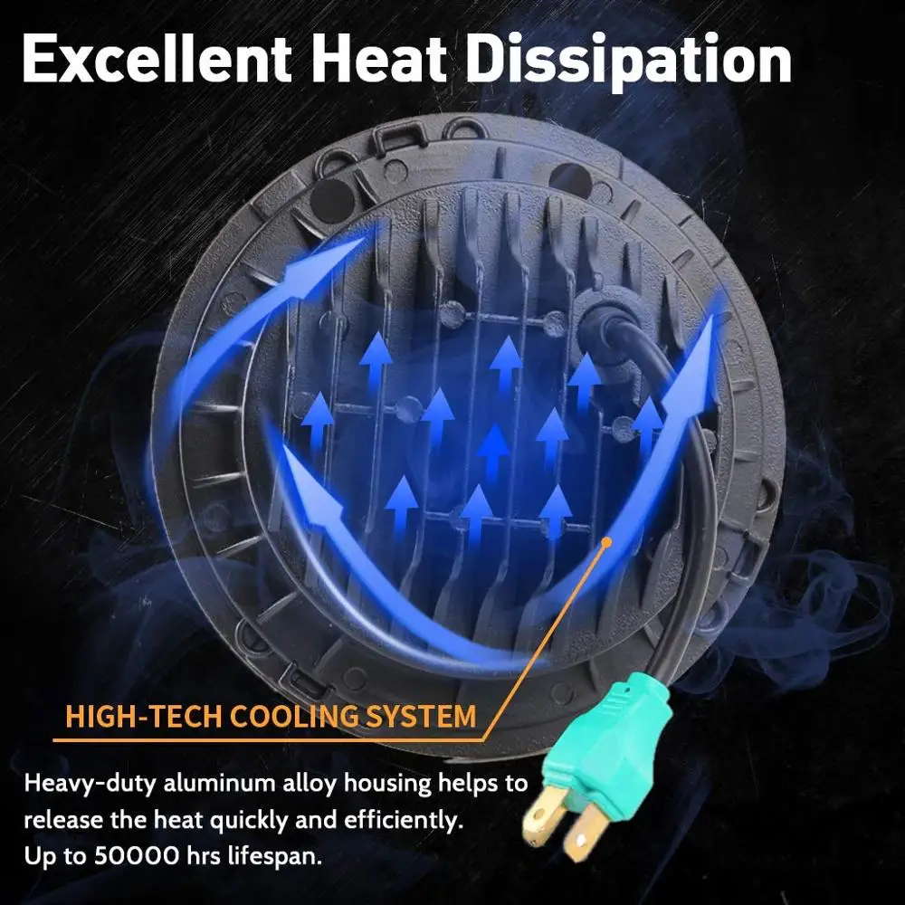 1 Pair Halo Headlight Angel Eye Ring DRL Light High Low Beam 7 inch Round LED Headlights for Jeep Wrangler JK LJ CJ Hummer H1 H2