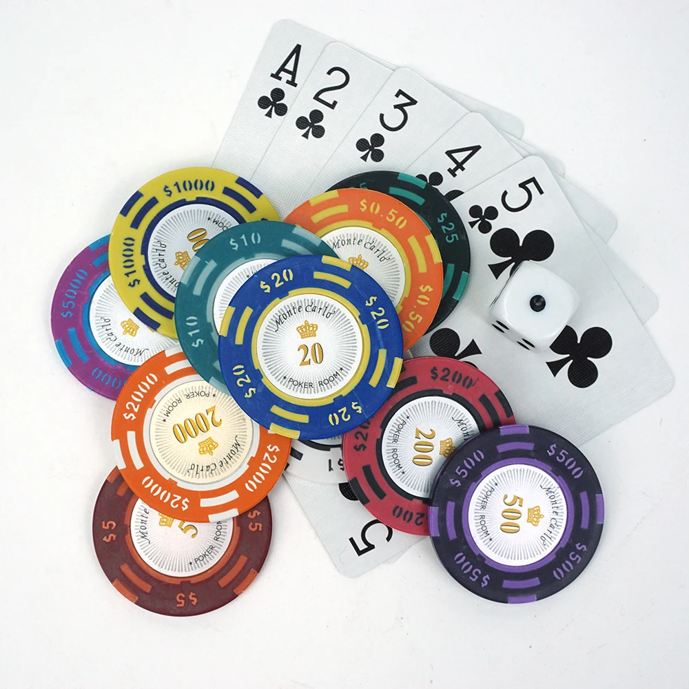 High quality 14g casino monte carlo clay poker chips 40mm three tone with royal crown number sticker from factory for games