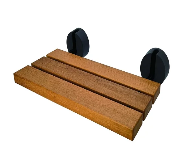 Teak Folding Wall Mounted Shower Seat for Small Shower Space with Matte Black Fitting
