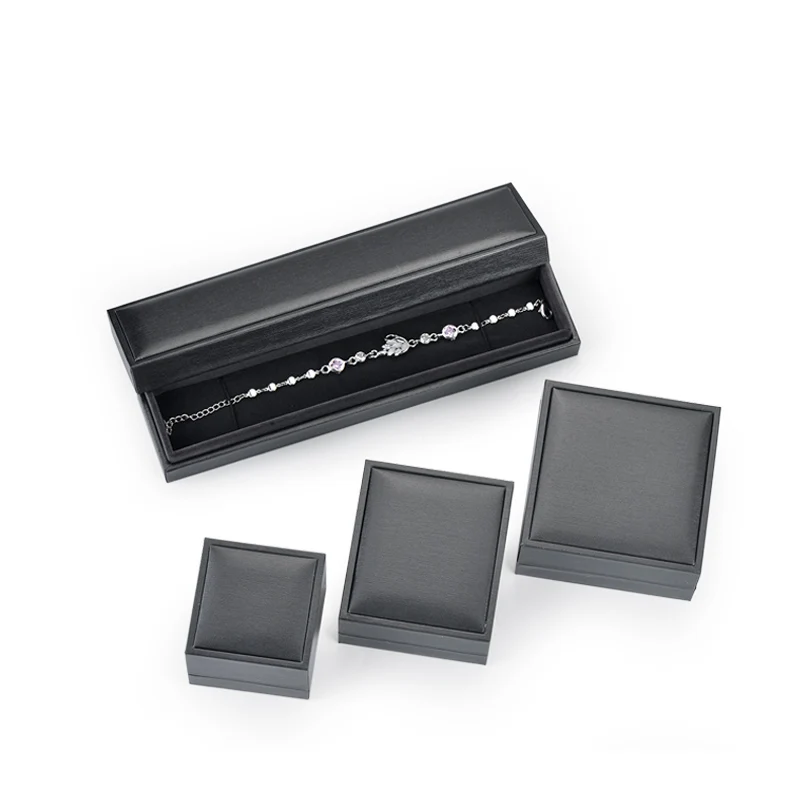 MJJ custom Lid and  Cover smooth Silver gray brushed PU leather jewelry box with black fibre