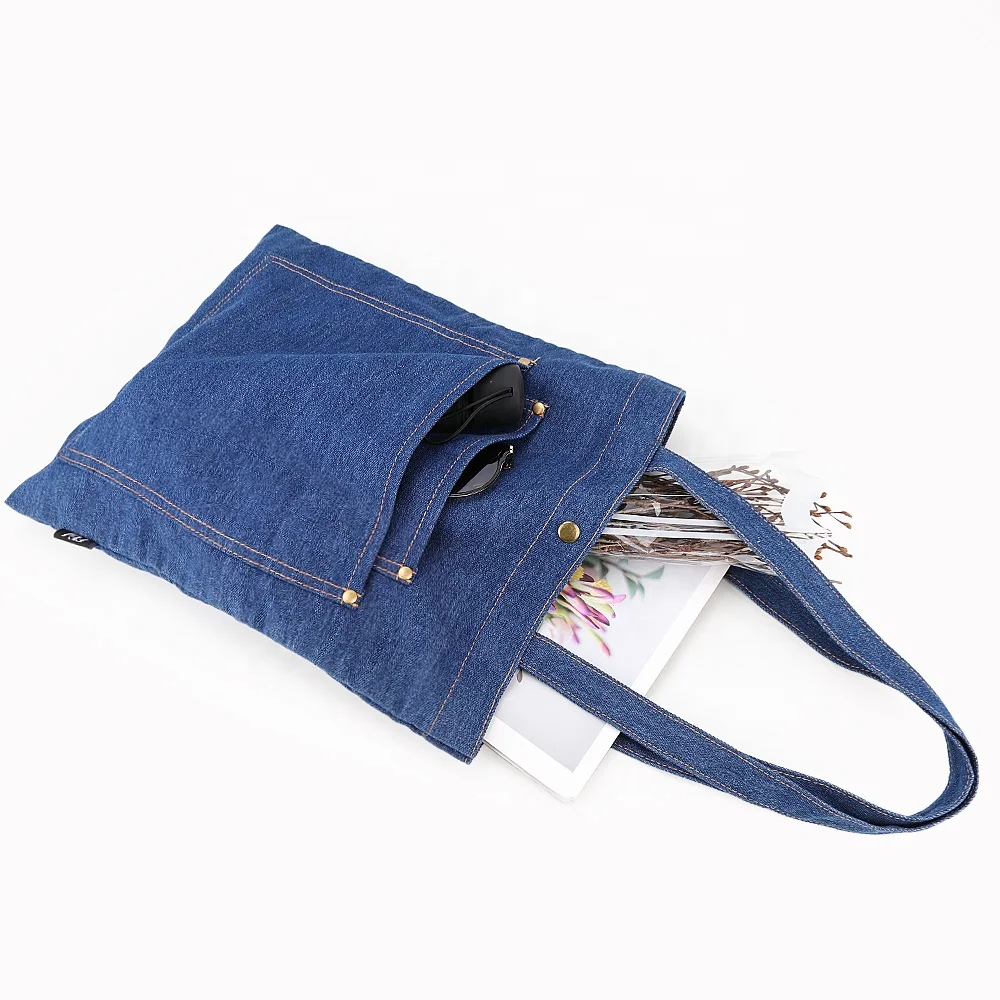 OEM/ODM Navy Blue Casual Jean Tote Bag Canvas Denim Shopping Tote Bag With Custom Printed Logo