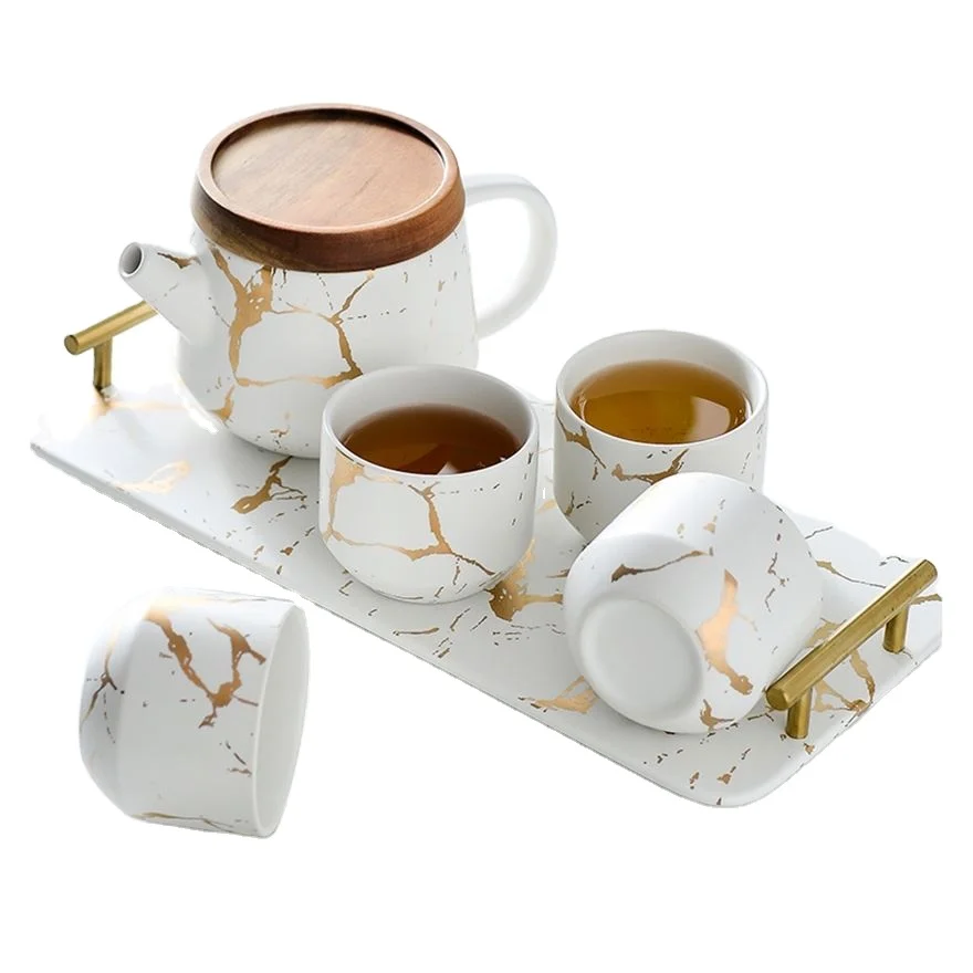 Luxury Modern Teapot 4 Piece Tea Cups Porcelain Coffee Tea Cup Sets Marble Tea Set With Gift Box