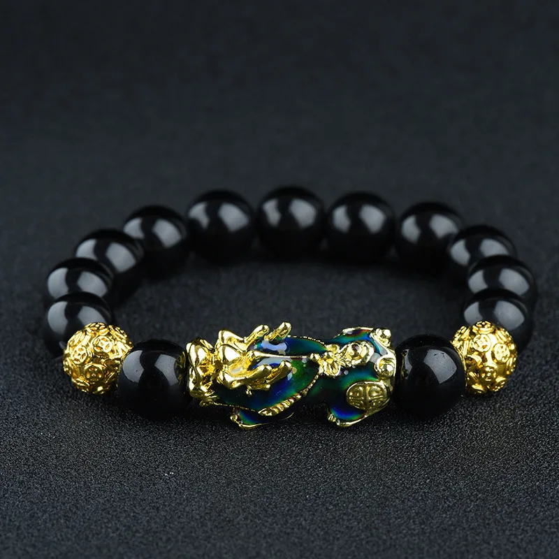 Luxury Wealth Pixiu Piyao Bracelet 12mm  Obsidian Gemstone Feng Shui Bracelet for Men