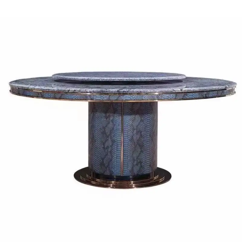 Modern Design Natural Marble & Stainless Steel Crocodile Pattern Leather Round Dining Table