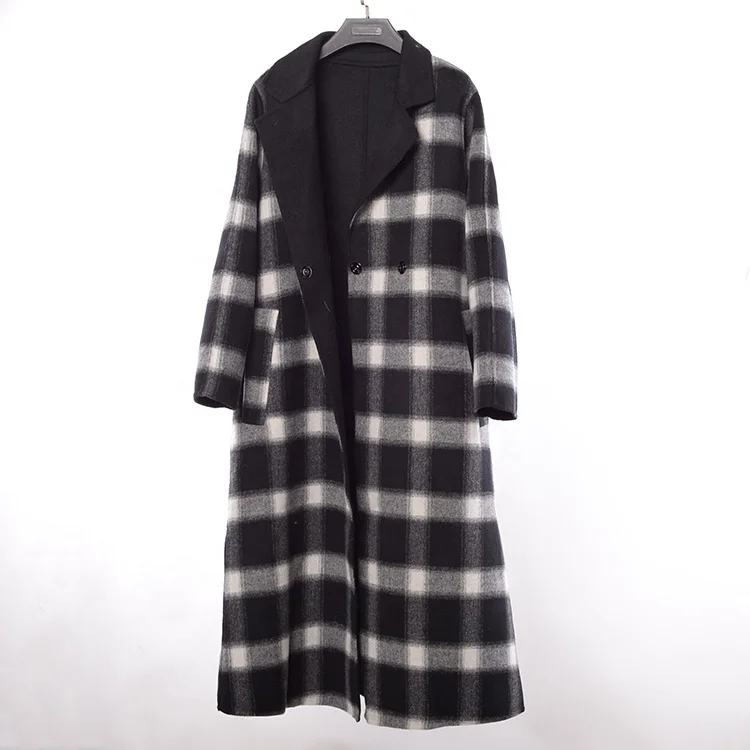 New Women Long Plaid Wool Coat Women Wool & Blends Black White Blend Cashmere Long Coat